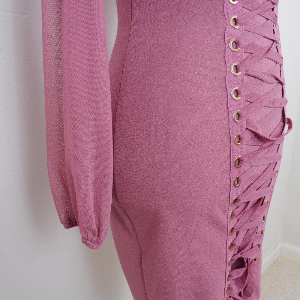 Iris Mauve Pink Sheer Mock Neck Long Sleeve Corset Lace Up SZ S Sexy Y2K Dress - Picture 11 of 14